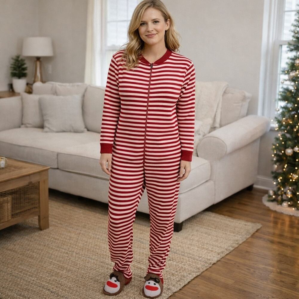 Nick & Nora Red & White Sock Monkey Footed PJ's Small
